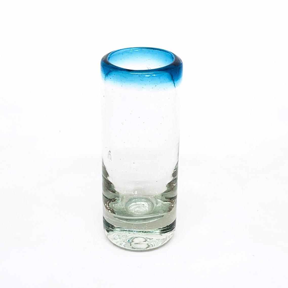 MEXICAN GLASSWARE / Aqua Blue Rim 2 oz Tequila Shot Glasses (set of 6) / Reminiscent of the turquoise Caribbean waters of Tulum, our Aqua Blue Rim shot glasses are perfect for enjoying mezcal or any other liquor.